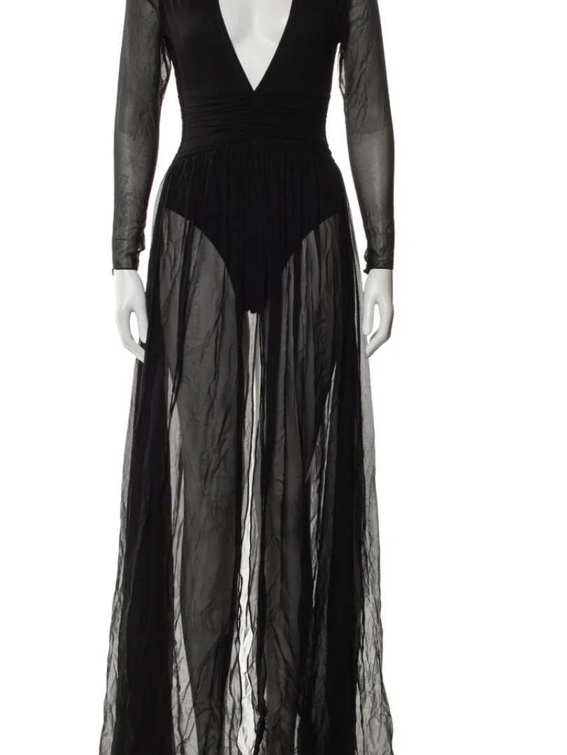 Retrofete Black Sheer V-Neck Long-Sleeve Maxi Dress